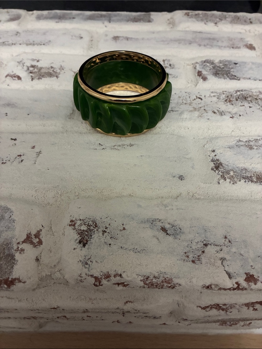Green Carved Bangle Bracelet with Gold Trim